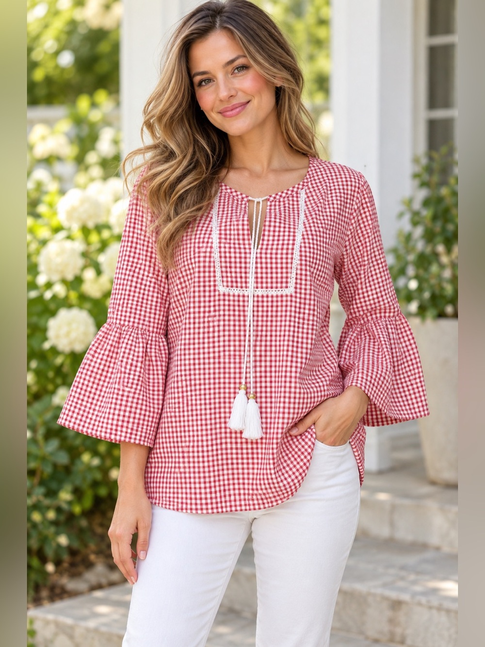 Andrew Marc NY Red Gingham Tassel Tie Bell Sleeve Top Size Medium, Cottagecore